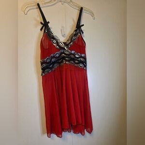Women’s Red Sheer Lace Babydoll Nightgown Black Lace Trim Size Large